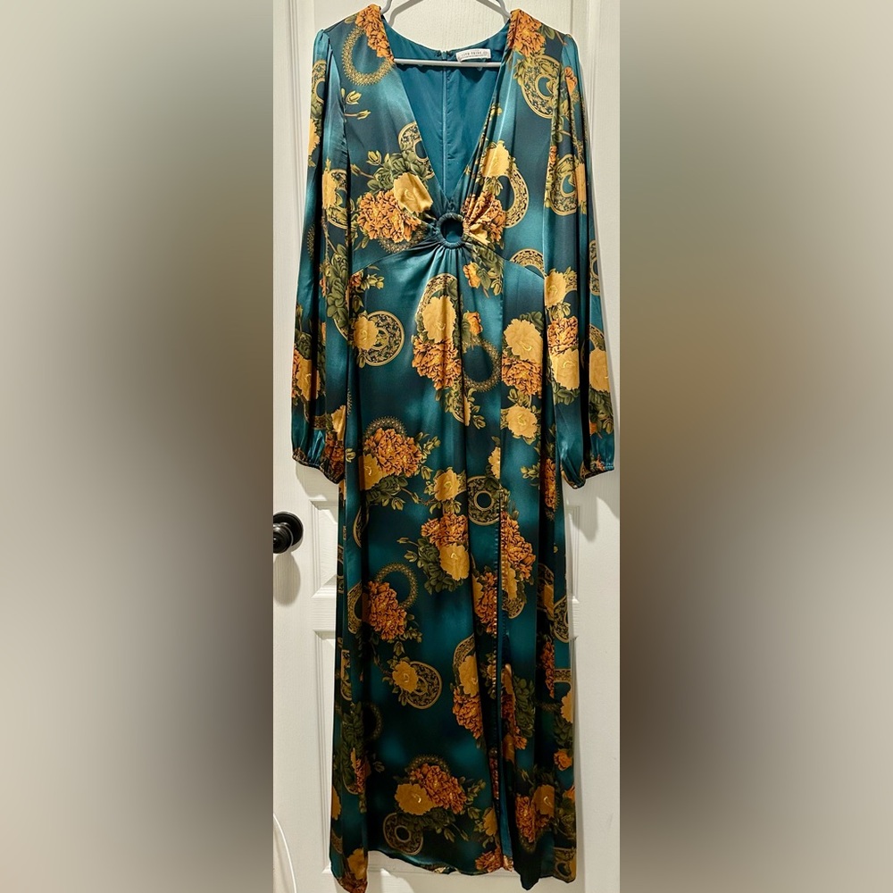 12th Tribe Gizelle Long Sleeve Plunging V-Neck Maxi Dress in Satiny Teal & Gold - Picture 2 of 11